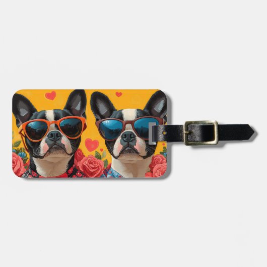 Boston Terrier with Heart Rose Valentinstag Gepäckanhänger (Vorderseite horizontal)