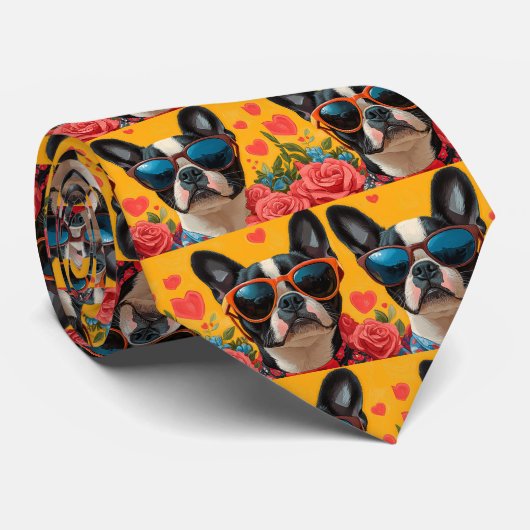 Boston Terrier with Heart Rose Valentinstag Krawatte (Gerollt)