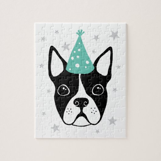 Boston terrier with party hat and stars puzzle (Vertikal)