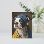 Boston Terrier with Pearl Earring Fine Art Parody Postkarte (Stehend Vorderseite)