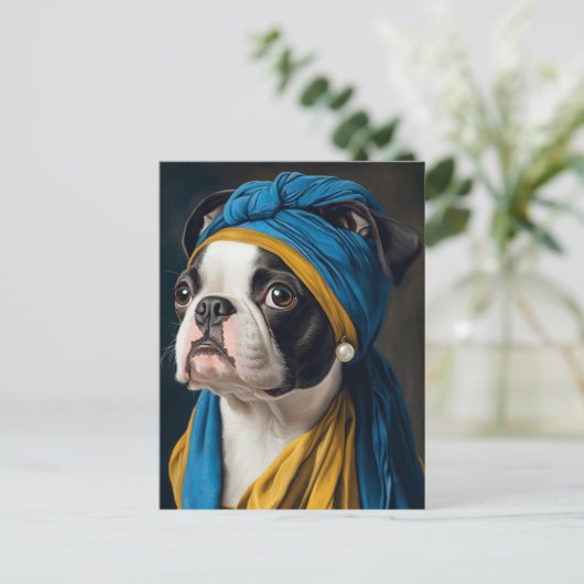 Boston Terrier with Pearl Earring Postkarte (Stehend Vorderseite)