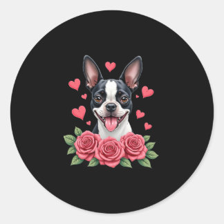 Boston Terrier with Red Roses Hearts Valentine�s D Runder Aufkleber
