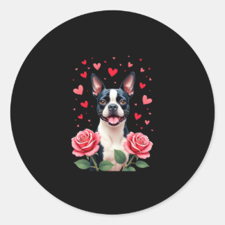 Boston Terrier with Red Roses Hearts Valentine�s D Runder Aufkleber