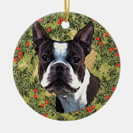 Boston Terrier Wreath Keramikornament (Vorne)