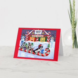 Boston Terrier Zuckerstangen-Weihnachtsmann Schnee Feiertagskarte