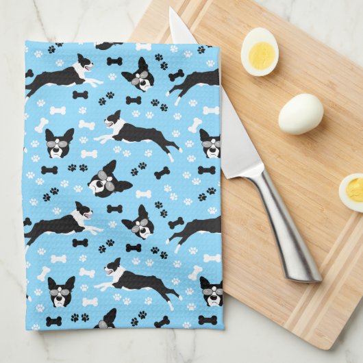 Boston Terriers Blue Dog Pattern Geschirrtuch (Viertel Falte)