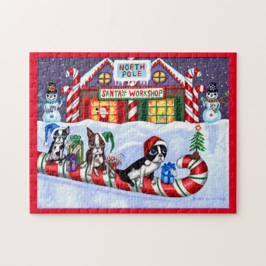Boston Terriers Candy Cane Santa Christmas Snowman Puzzle (Horizontal)