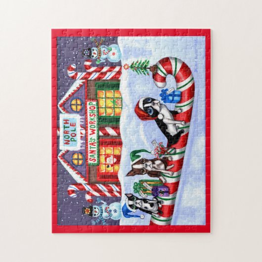 Boston Terriers Candy Cane Santa Christmas Snowman Puzzle (Vertikal)