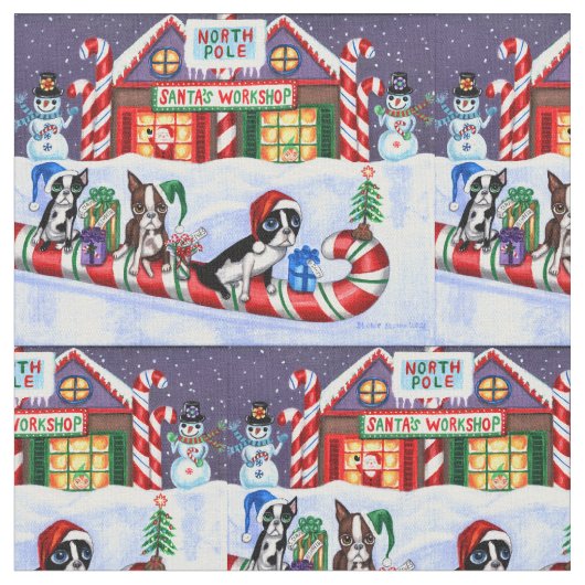 Boston Terriers Candy Cane Santa Christmas Snowman Stoff (Nahaufnahme)