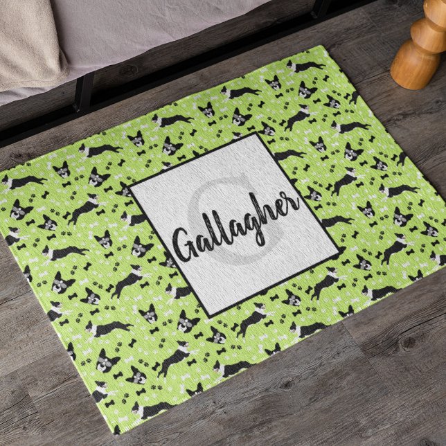 Boston Terriers Dog Green Pattern Fußmatte (Boston Terrier Monogram Doormat in Green)