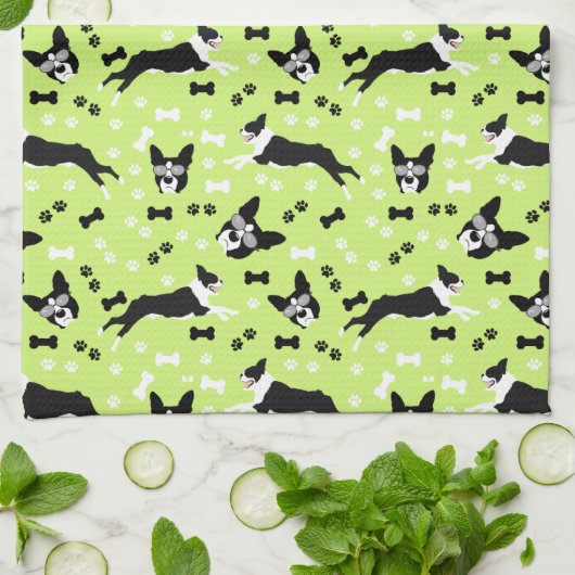 Boston Terriers Green Dog Pattern Geschirrtuch (Gefaltet)