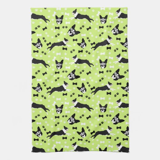 Boston Terriers Green Dog Pattern Geschirrtuch (Vertikal)