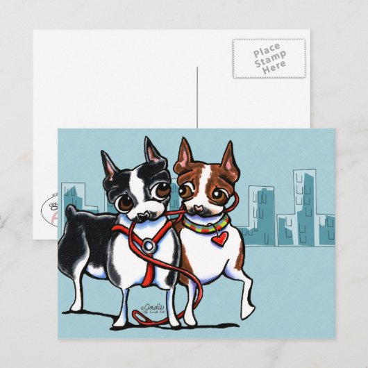 Boston Terriers Leashed Postkarte (Vorne/Hinten)