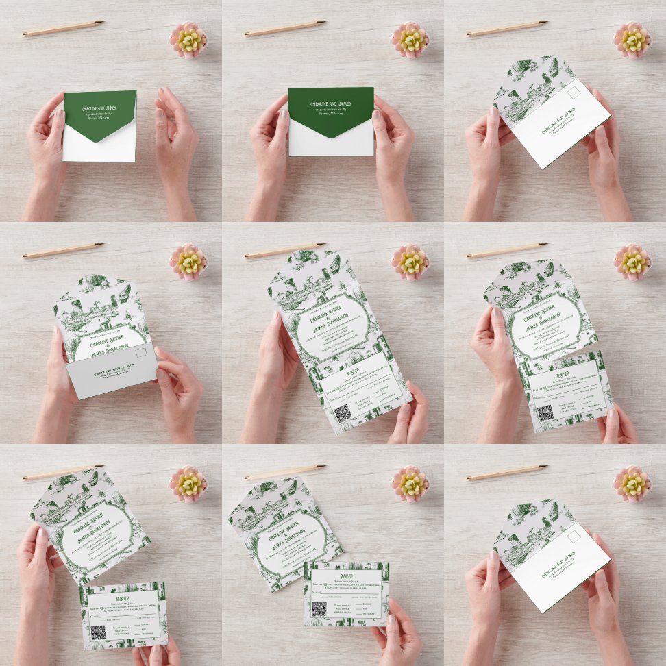 Boston Toile Forest Green AllinOne Wedite Einladun All In One Einladung