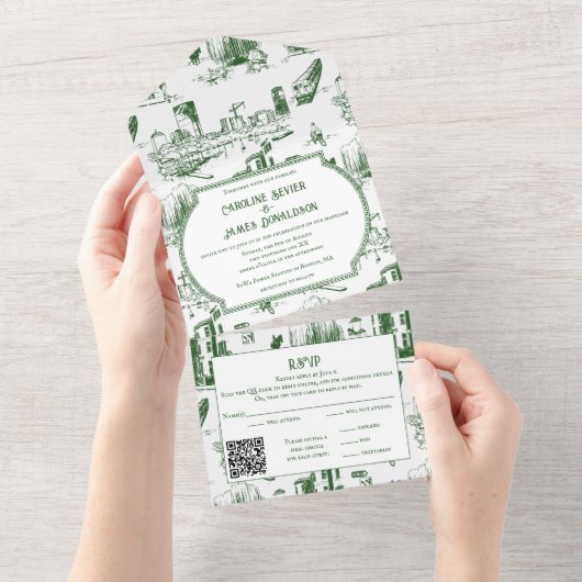 Boston Toile Forest Green AllinOne Wedite Einladun All In One Einladung (Abreißen)