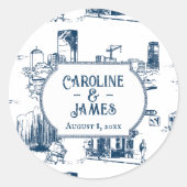 Boston Toile Navy Hochzeit Personalisiert 3" Stick Runder Aufkleber (Vorderseite)