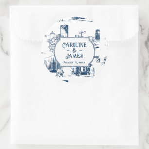 Boston Toile Navy Hochzeit Personalisiert 3" Stick Runder Aufkleber