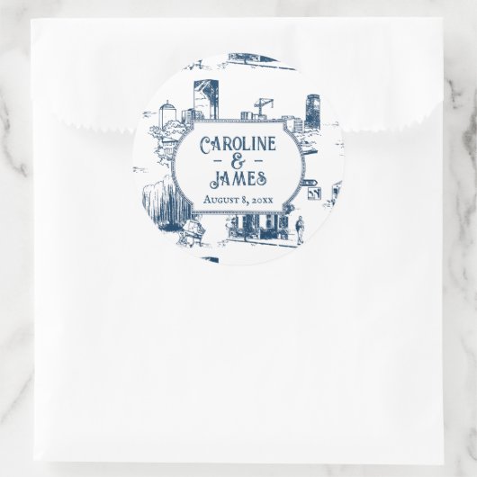 Boston Toile Navy Hochzeit Personalisiert 3" Stick Runder Aufkleber (Tasche)