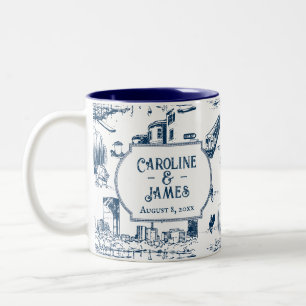 Boston Toile Navy personalisierte Hochzeitsdatum-T Zweifarbige Tasse
