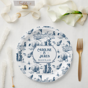 Boston Toile Navy Personalisierte Hochzeitspapierp Pappteller