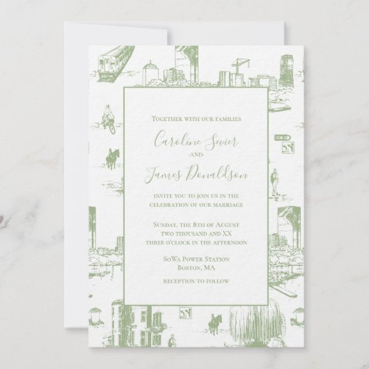 Boston Toile Sage Green Wedding Einladung (Vorderseite)