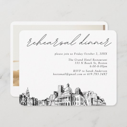 Boston Wedding Elegante Sketch Probe Dinner Begleitkarte (Vorne/Hinten)