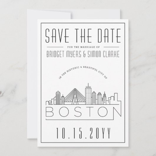 Boston Wedding | Stilisierte Skyline Save the Date Einladung (Vorderseite)