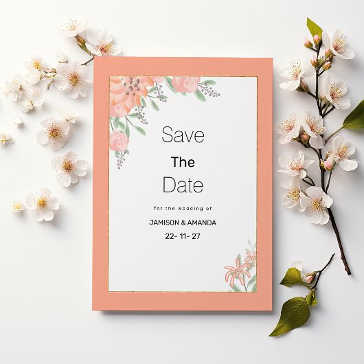 Botanic coral mint gold spring flora Save The Date Einladung