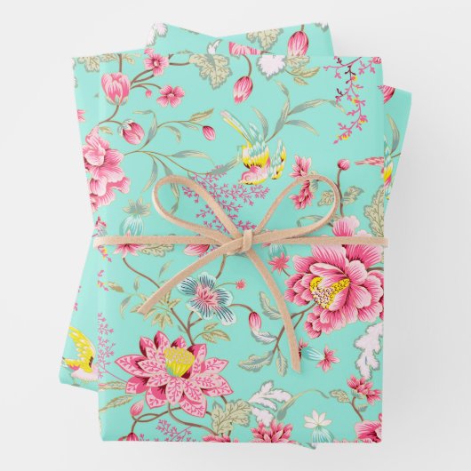Botanic Japanese Flower Pattern Turquoise Geschenkpapier Set (Beispiel)