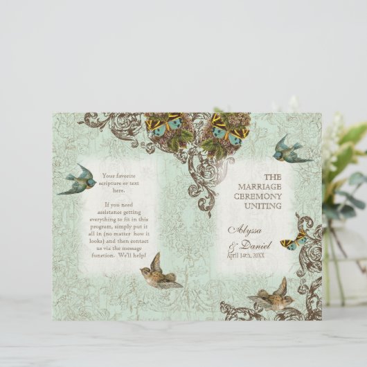 Botanica Birds Butterfly Swirl Hochzeitsprogramm (Stehend Vorderseite)
