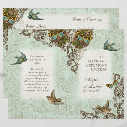 Botanica Birds Butterfly Swirl Hochzeitsprogramm (Vorne/Hinten)