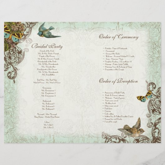 Botanica Birds Butterfly Swirl Hochzeitsprogramm (Rückseite)