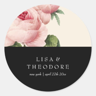 Botanica   Rosa und schwarze Vintage-Blumenhochzei Runder Aufkleber