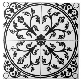 Botanical Abstract Circle Vintage Black and White Fliese