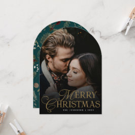 Botanical Arch Photo Green Christmas Holiday Card Einladung
