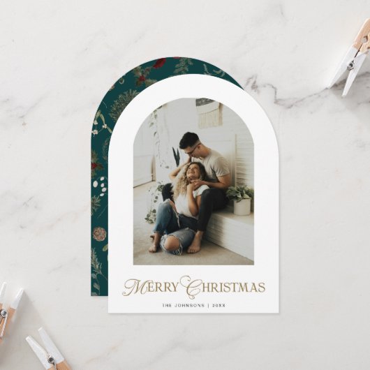 Botanical Arch Photo Green Christmas Holiday Card Einladung (Vorderseite/Rückseite Beispiel)