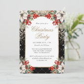 Botanical Black Gold Elegant Christmas Party Einladung (Stehend Vorderseite)