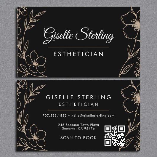 Botanical Black QR Code Esthetician Floral Visitenkarte