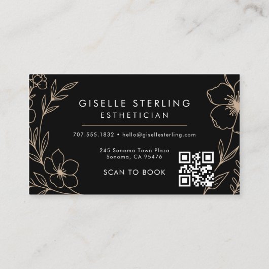 Botanical Black QR Code Esthetician Floral Visitenkarte (Rückseite)