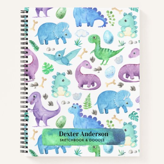 Botanical Blue Dino Dinosaur Individuelle Name Notizblock (Vorderseite)