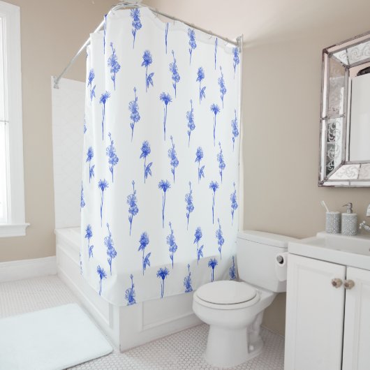 Botanical Blue Floral Flowers Pattern Curtain Duschvorhang (Beispiel)