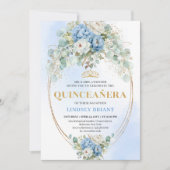 Botanical Blue Floral Quinceañera Invitation Gold Einladung (Vorderseite)