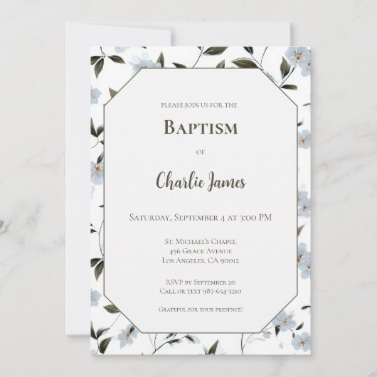 Botanical Blue Green Baptism Invitation (Vorderseite)