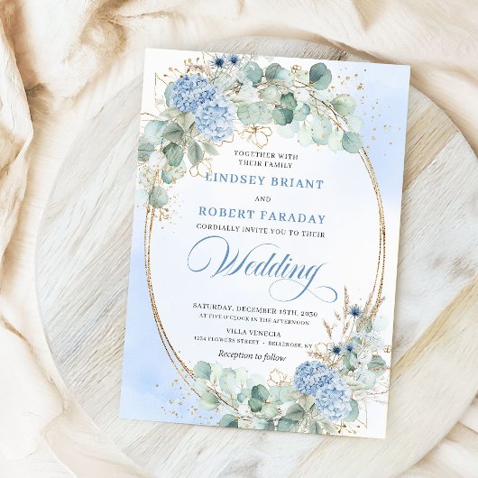 Botanical Blue Hydrangea Eucalyptus Wedding Invite Einladung