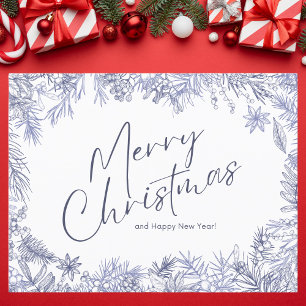 Botanical Blue Merry Christmas Illustration Feiertagspostkarte