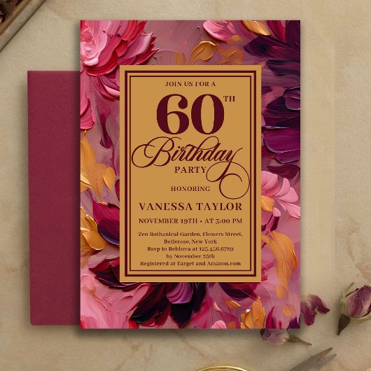 Botanical Boho 60th Birthday Burgundy Floral Gold Einladung