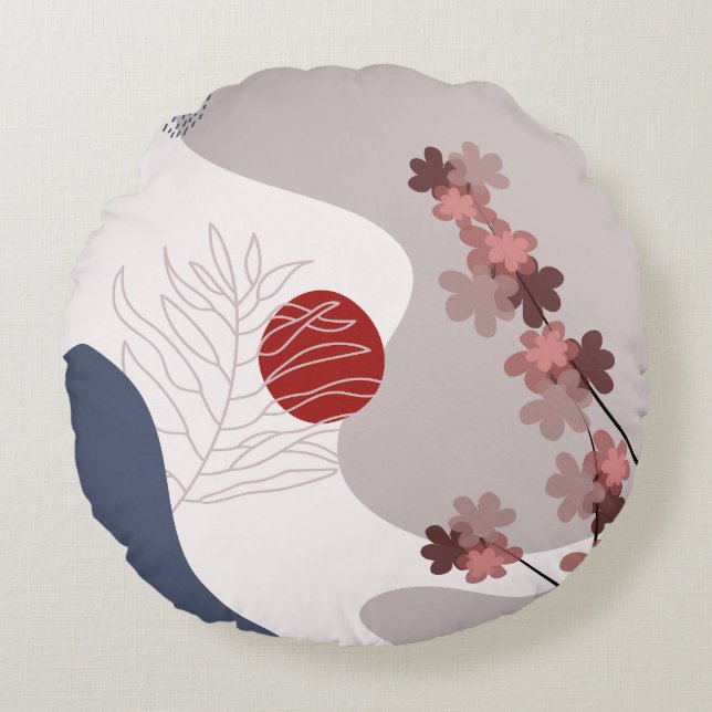 Botanical Boho Blue Magenta Rundes Kissen (Vorderseite)