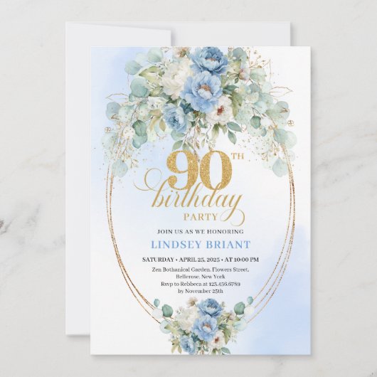 Botanical Boho Blue Peonies Eucalyptus Invitation Einladung (Vorderseite)
