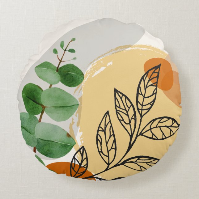 Botanical Boho Green Orange Rundes Kissen (Vorderseite)