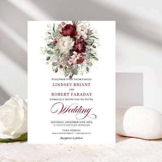 Botanical Burgundy and White Flowers Wedding Invit Einladung
